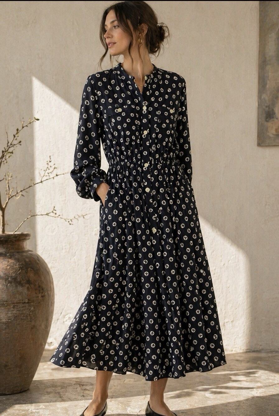 Vtg. Deadstock Liz Claiborne Sz 6 Button Perma pleat Midi LS Btn Pockets Dress